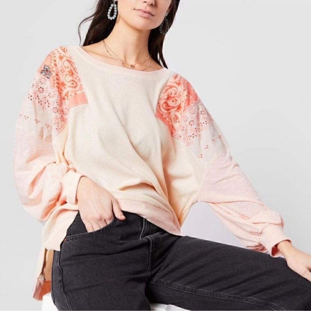 Free People Size Medium Slouchy Oversized Feelin It Patchwork Embroidered Shirt
